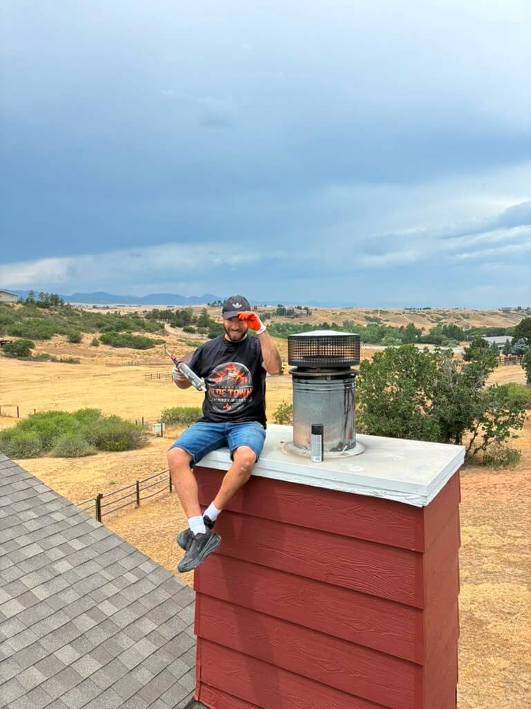 The last look before climbing down Olde Town Chimney tradesman seated beside a finished spark-arrestor cap on an Arvada rooftop