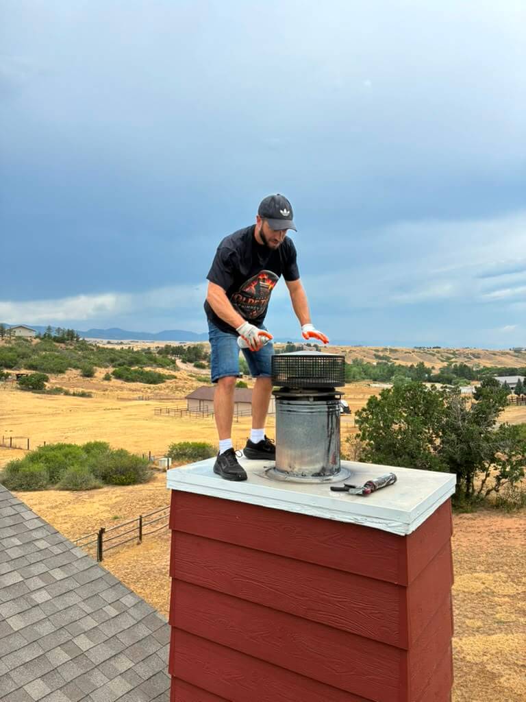 Seating the spark arrestor Gloved chimney technician seating a new spark-arrestor cap on a rooftop flue in Arvada, Colorado