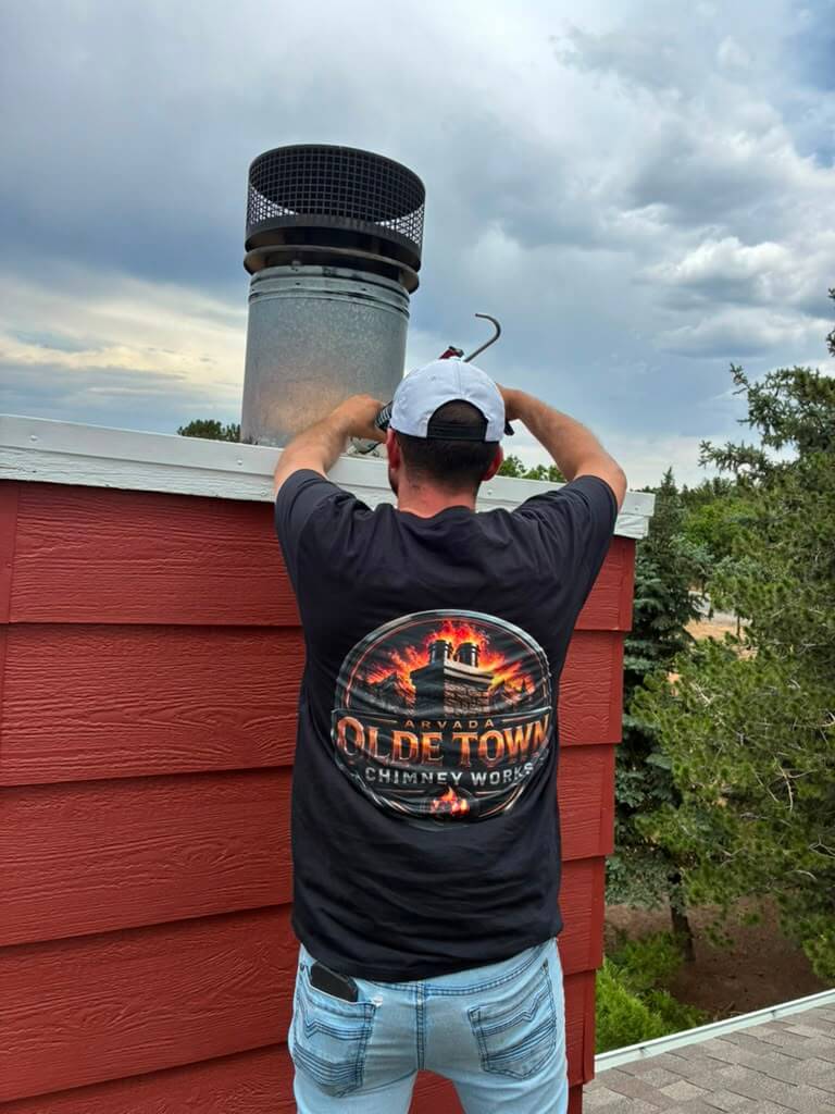 Arvada work, Arvada crew Olde Town Chimney Works Arvada logo on a tradesman shirt while installing a chimney cap on a rooftop