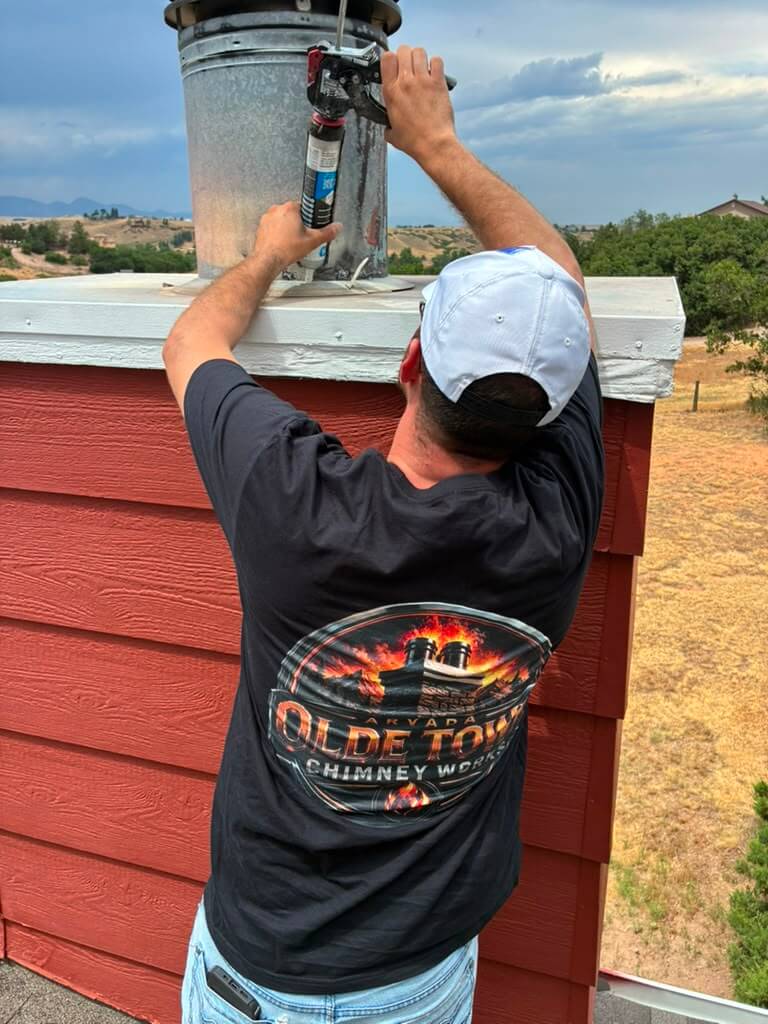 A clean bead at the joint Close view of a caulk gun sealing the joint between a new chimney cap and metal flue in Arvada