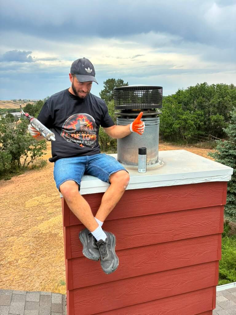 Job done, and done proper Olde Town Chimney tradesman giving a thumbs up beside a newly installed chimney cap in Arvada