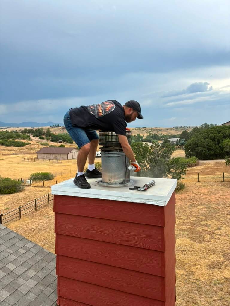 Fitting the cap to the flue Chimney sweep fitting a new cap onto a metal flue above the Arvada foothills under a storm sky