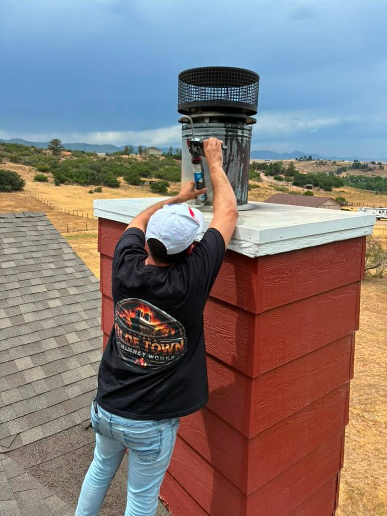 A cap for Front Range weather New chimney cap installation on an Arvada rooftop with the Front Range foothills behind