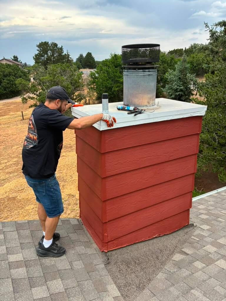 Finishing the chase cover Technician smoothing sealant along the edge of a metal chimney chase cover in Arvada