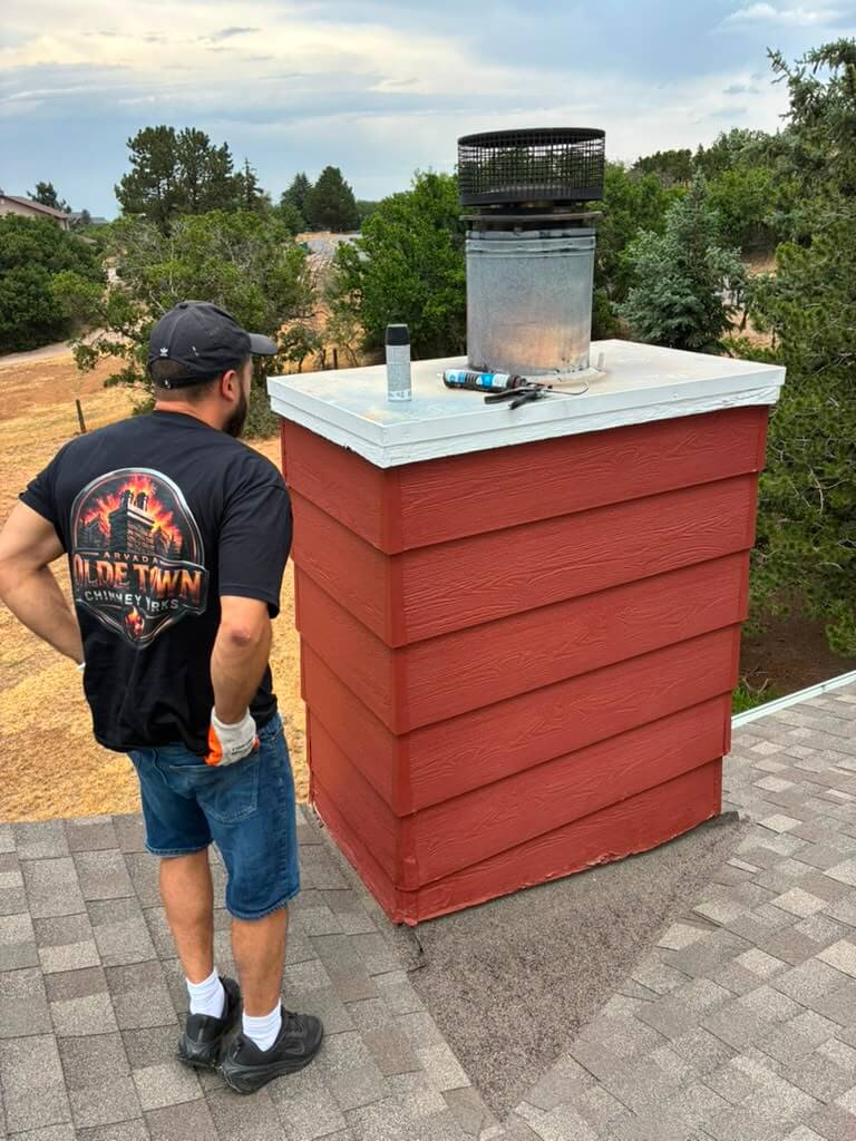 Standing back to check the work Finished chimney cap on a red sided chase on an Arvada rooftop with the tradesman looking it over
