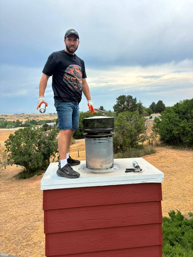 Olde Town Chimney tradesman beside a newly installed chimney cap in Arvada, Colorado