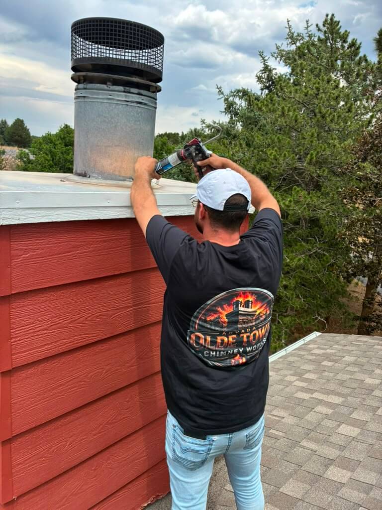 Sealing the collar weathertight Olde Town Chimney tradesman sealing the base of a new chimney cap with caulk on an Arvada rooftop