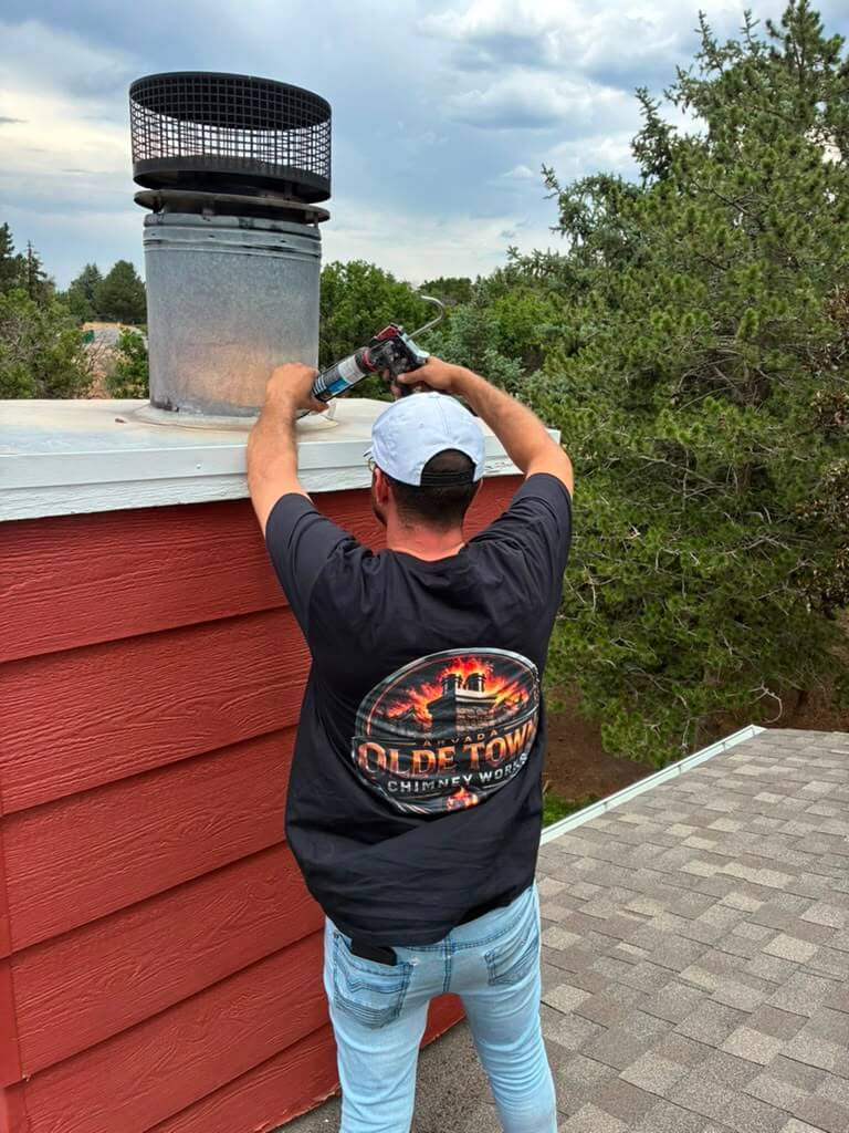 Weatherproofing the base Chimney technician waterproofing the base of a new cap beside a pine tree on an Arvada roof